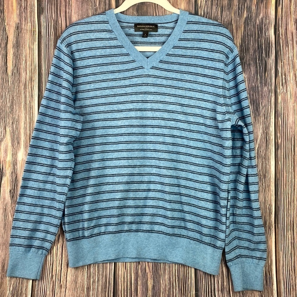 Men’s Banana Republic Blue & Black Striped V-Neck Sweater- Size Large